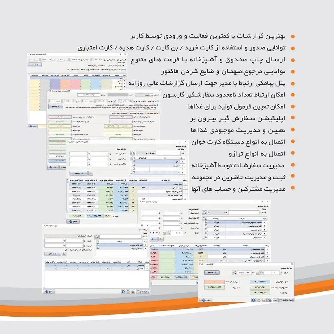 ابزارهای مدیریت هوشمند در نرم افزار زعفران شامل گزارش نقطه سفارش کالا و ماژول تولید محصول برای محاسبه بهای تمام شده غذا