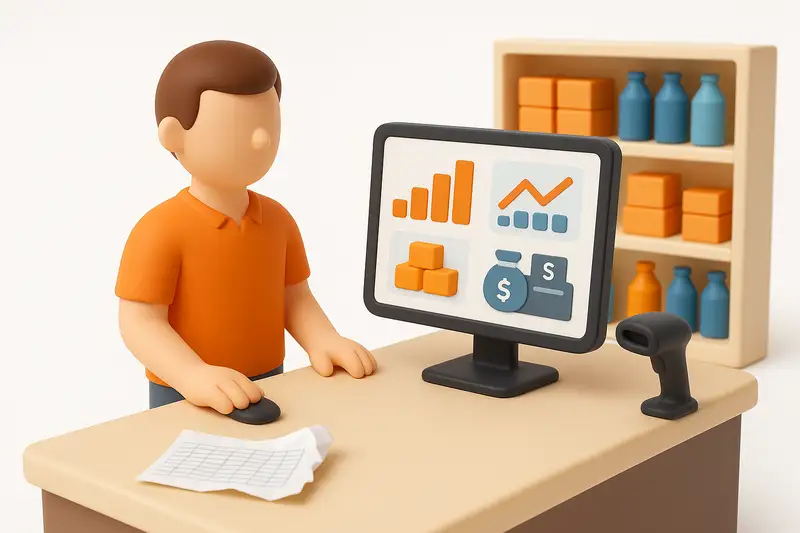 مدیر فروشگاه در حال کنار گذاشتن اکسل و کار با نرمافزار حسابداری فروشگاهی مخصوص صندوق و انبار