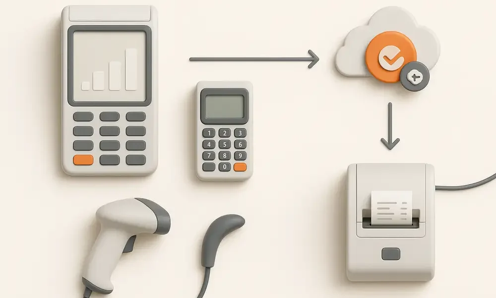 نمای بالا از پیشخوان فروشگاهی: پایانه فروش (POS)، کارتخوان، بارکدخوان و فیش‌پرینتر با فلو اتصال فاکتور الکترونیکی به سامانه مؤدیان