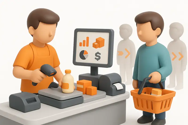 صندوق فروشگاهی مجهز به بارکدخوان و ترازوی لیبل زن در یک سوپرمارکت شلوغ