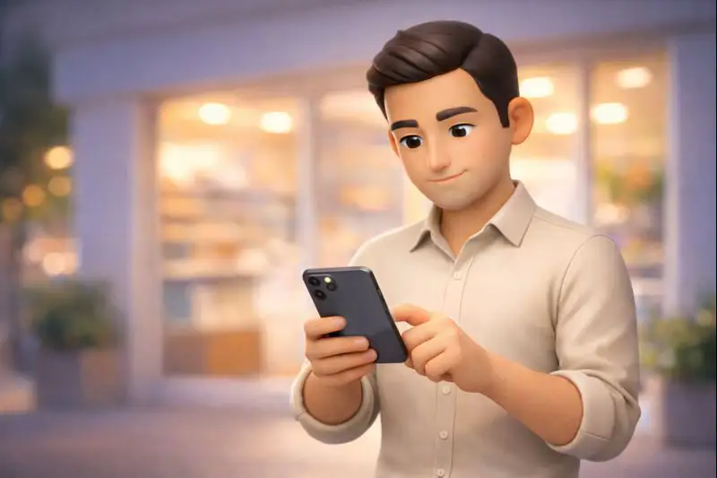 مدیر فروشگاه در حال مشاهده گزارش فروش روی موبایل