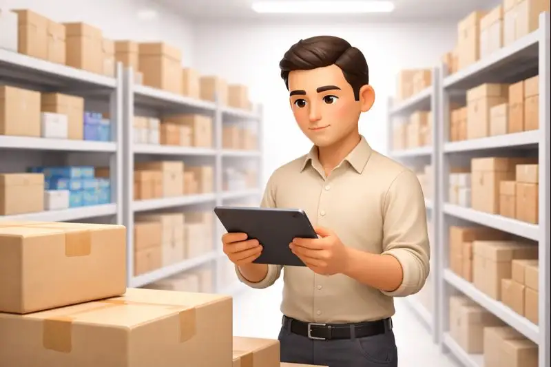 مدیر فروشگاه در حال بررسی موجودی کالا در انبار
