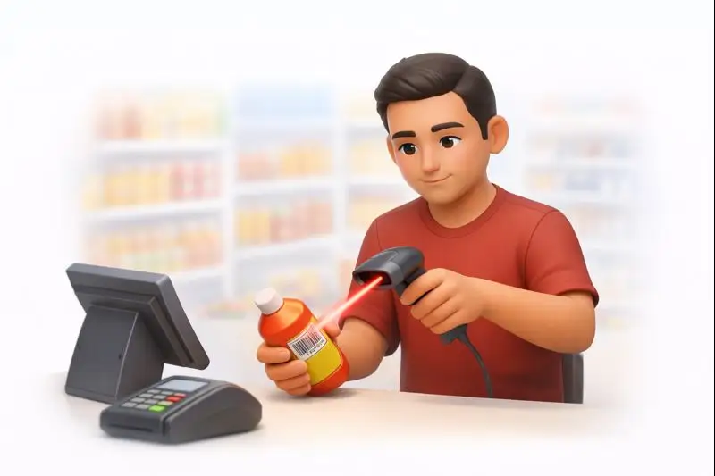 صندوقدار در حال اسکن بارکد کالا در صندوق فروشگاهی