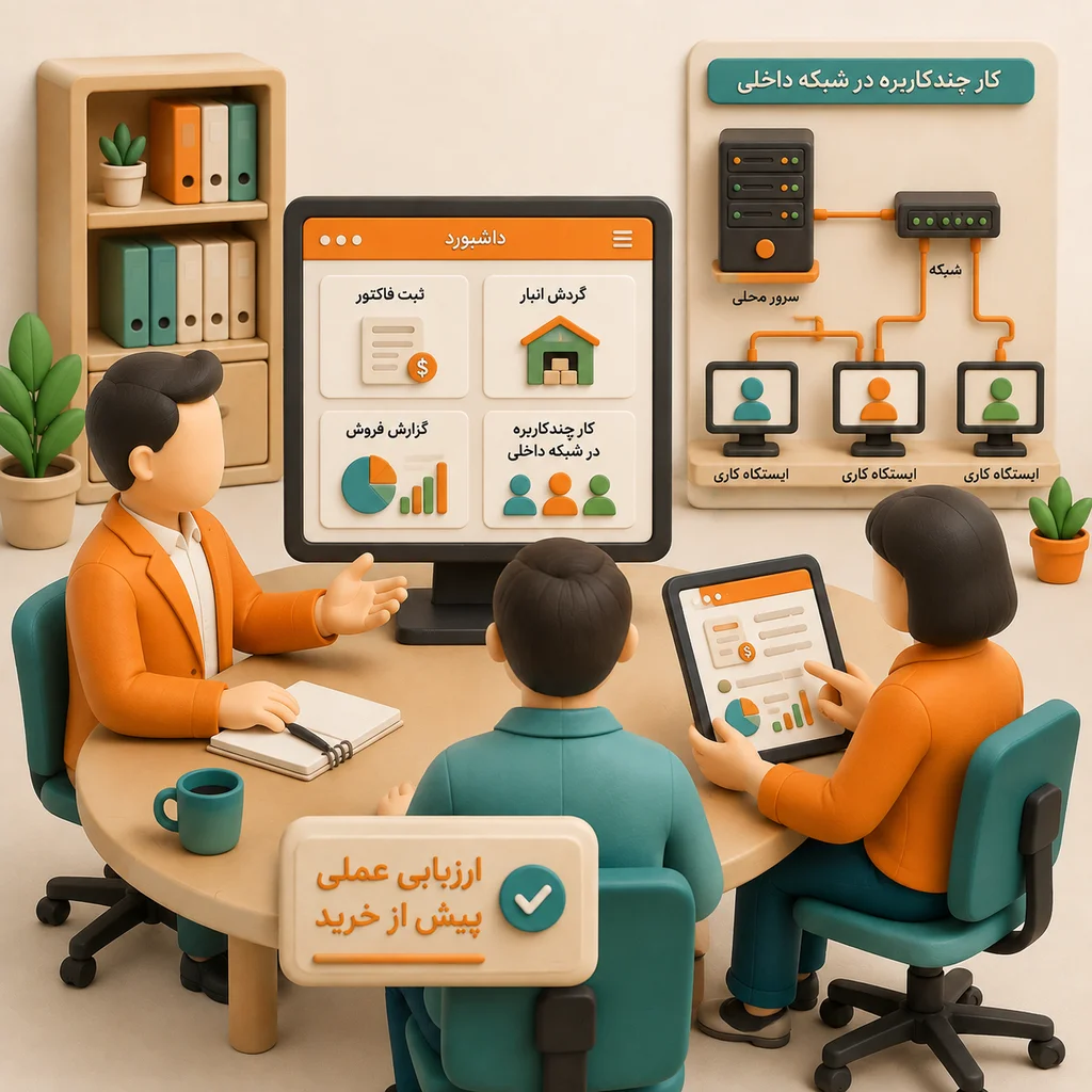 تصویر پیشنهادی از جلسه دمو نرم افزار حسابداری در یک شرکت شامل مدیر، مسئول حسابداری و کارشناس نرم افزار که سناریوهای واقعی مانند ثبت فاکتور، گردش انبار، گزارش فروش و کار چند کاربره در شبکه داخلی را بررسی می کنند؛ هدف تصویر دعوت به ارزیابی عملی پیش از خرید است.